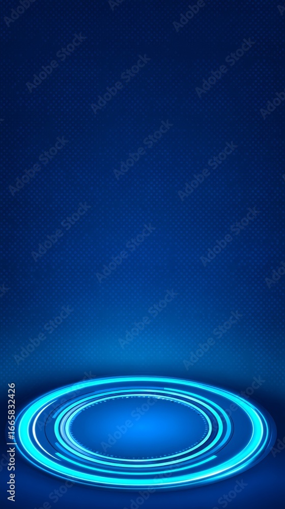 Poster abstract digital art background with a deep blue color palette featuring glowing circles shimmering 