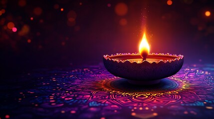 Single lit diya oil lamp on colorful mandala pattern with bokeh lights candle flame