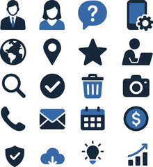 Professional business and office flat icons set including communication, management, global, email, phone, and settings symbols. Perfect for apps, web, presentations, and corporate projects.