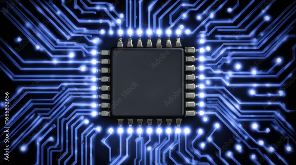 Poster intricate digital pathways of a futuristic motherboard featuring glowing blue and deep black circuit