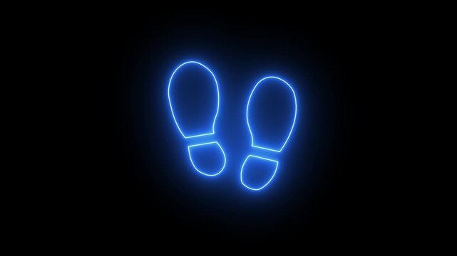 Glowing neon human shoe print icon on dark background, modern footprint design symbol for walk, tracking, direction, step, navigation, and creative digital branding