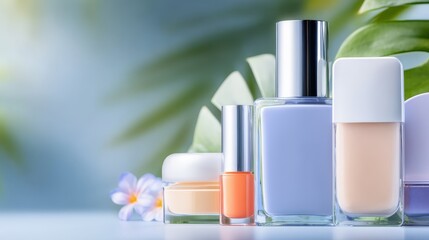 A minimalist studio composition featuring two identical transparent glass bottles of vibrant nail lacquer standing side by side on a clean reflective surface.