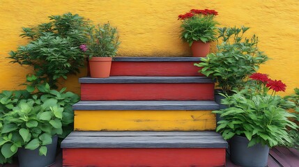 Colorful steps adorned with potted plants against a bright yellow wall.