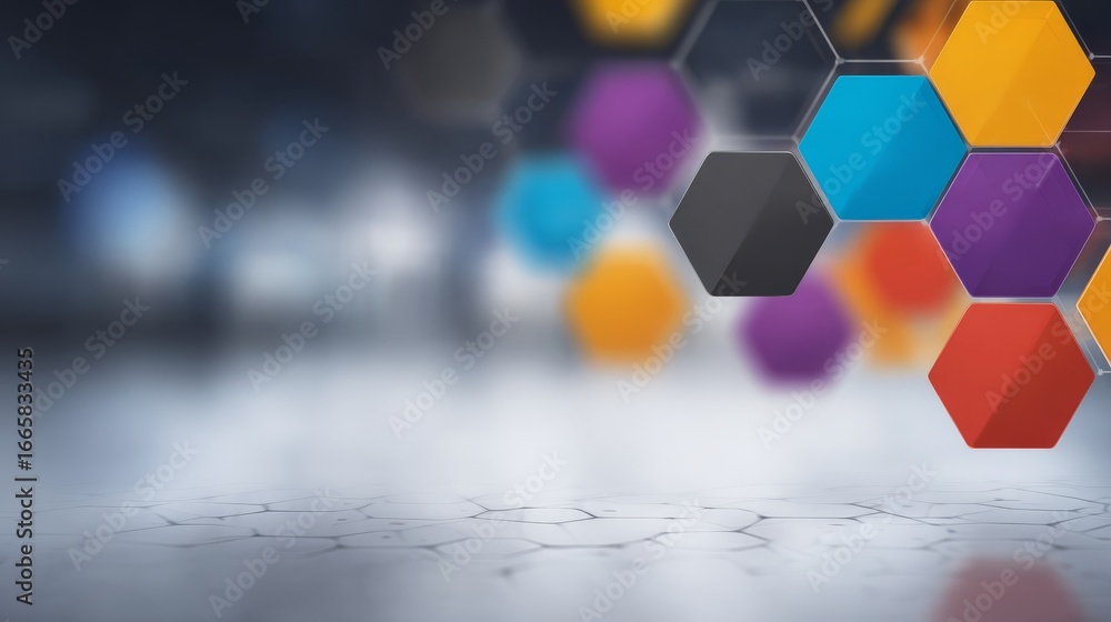 Poster abstract digital art featuring a luminous multicolored hexagon with glowing neon edges creating a vi