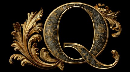 Ornate golden letter "Q" with swirling leaf accents against a black background