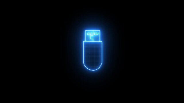 Glowing neon pendrive icon on dark background, flat design style vector symbol for storage, usb flash drive, data transfer, memory device, and digital technology branding