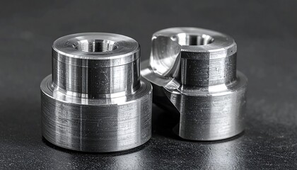 Two polished metallic parts, showcasing intricate machining details, rest on a dark surface.