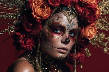 A captivating portrait of a woman adorned with a dramatic floral crown and intricate sugar skull makeup, set against a deep crimson backdrop.