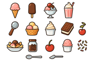 Assorted ice cream and dessert illustrations: cones, sundae, soft serve, milkshake, toppings