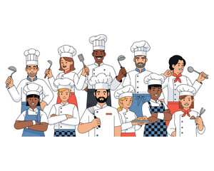 Culinary Team of Chefs: A diverse group of chefs, each dressed in traditional chef attire and holding essential kitchen tools, stands together.