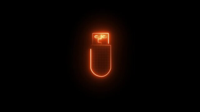 Neon glowing usb flash drive icon on black background, pendrive storage symbol for memory, data transfer, technology, and creative digital design branding