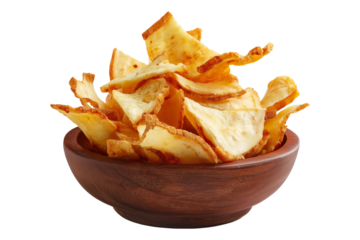 Pile of Tavioka or Cassava chips served in rustic wooden bowl, isolated on white transparent background, concept of Fijian snack food