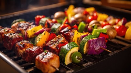 A realistic shot of a grill with colorful skewers of vegetables and meats, evoking lively, energetic vibes