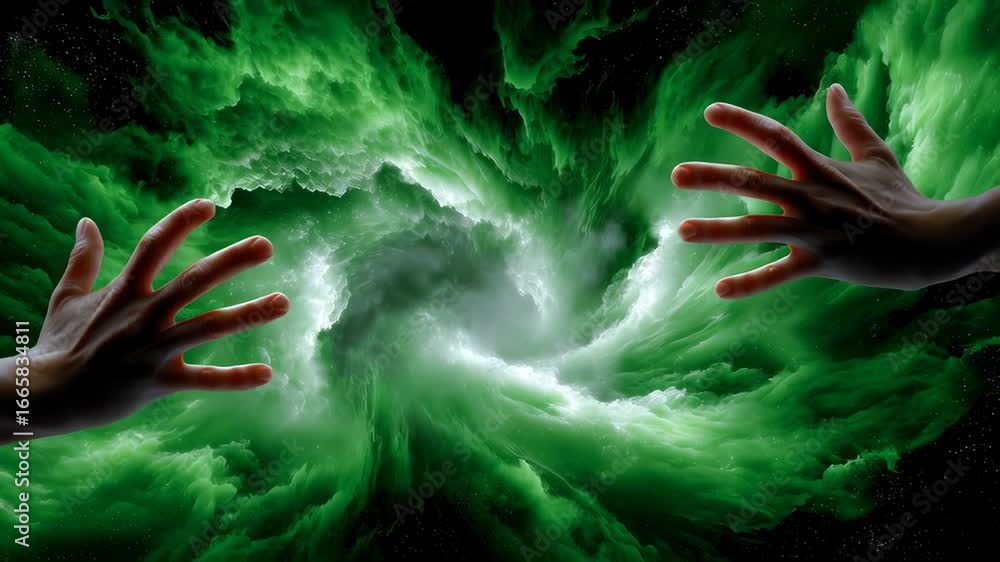 Poster dynamic swirl of vibrant green energy with hands reaching towards cosmic center.seamless animation l