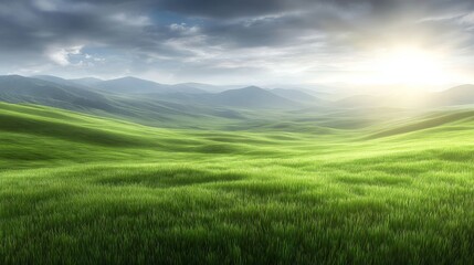 Obraz premium A beautiful scenic landscape featuring a vast open field of lush green grass stretching towards a majestic mountain range visible in the distant background on a clear day.