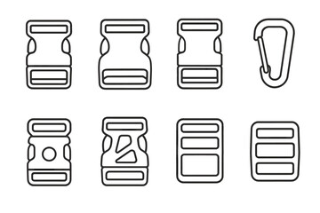 Set of eight line art bag clip buckles and carabiner icons