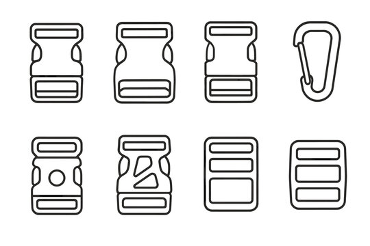 Set of eight line art bag clip buckles and carabiner icons