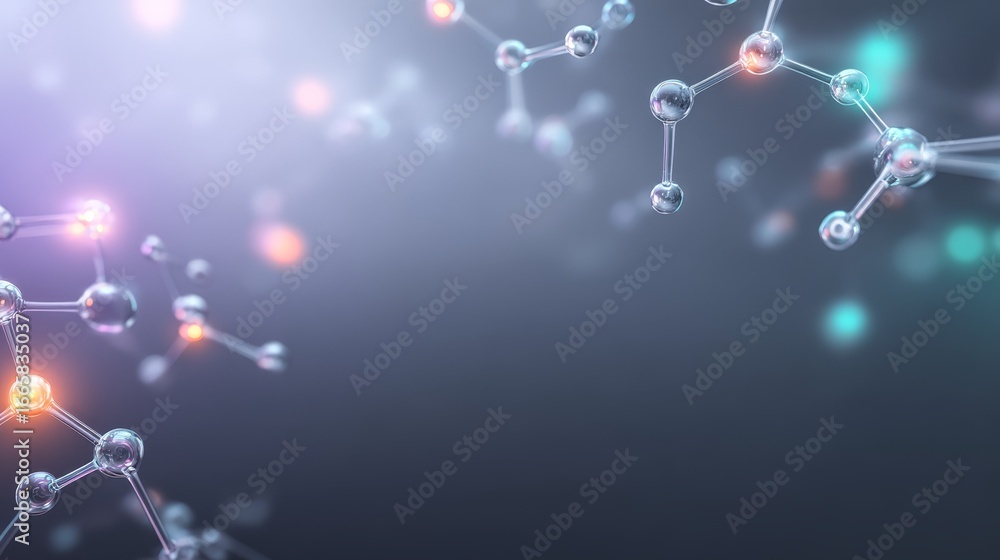 Poster a detailed visualization of a complex molecular structure showcasing a central molecule interconnect