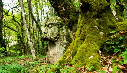 Obraz premium Ancient Stone Carving with Forest, Nature, and Sculpture.