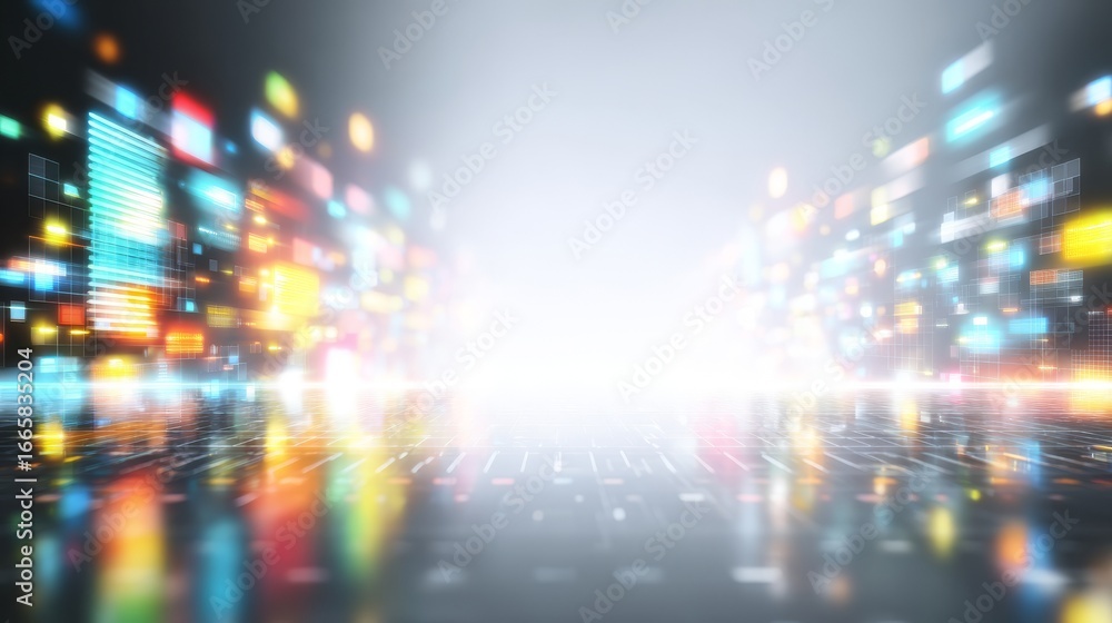 Poster an abstract artistic representation of a futuristic metropolis at night featuring a dazzling citysca