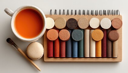 A cup of orange drink, paint sticks, and macarons on a light background