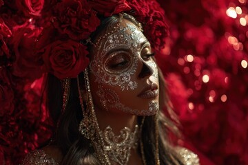 A captivating woman with elaborate, detailed skull makeup and a floral crown, set against a backdrop of deep red, evokes a mysterious and elegant mood.