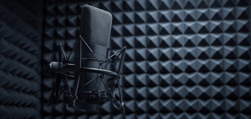 The Microphone in a Modern Acoustic Studio Surrounded by Pyramid Foam Panels