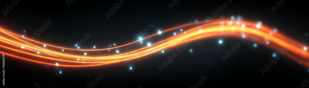 Poster vibrant and dynamic abstract visualization of a glowing orange energy wave flowing gracefully across