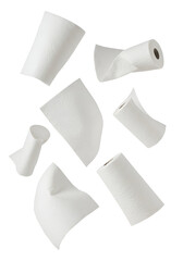White paper towels in various configurations floating in the air against a plain white background. Household paper towels in a dynamic display with no discernible location or context.