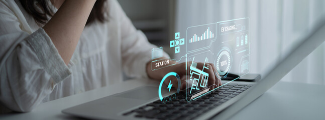 Charging interface for electric vehicles showing real-time battery level, charging status, power output, station location, and navigation for efficient energy management Latch