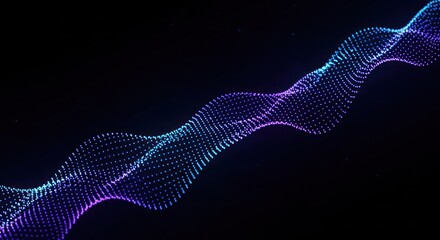 Abstract Wavy Pattern: Blue and Purple Glowing Dots on Black Background.
