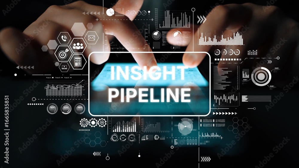 Poster digital dashboard with hands typing on a tablet surrounded by data visualization graphics and insigh