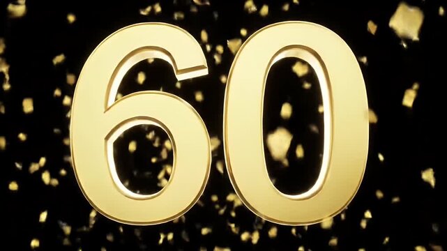Golden number 60 with falling confetti on a black background, perfect for celebrating a 60th anniversary, birthday, or milestone
