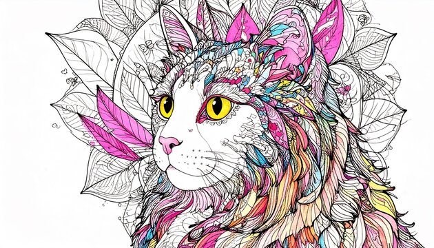 Colorful Zentangle Cat with Art, and Coloring Book.