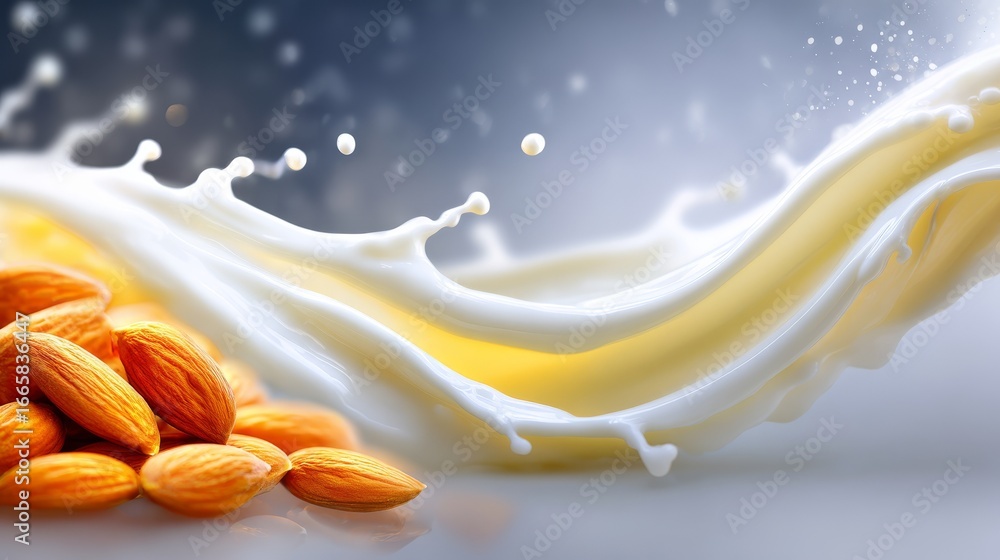 Poster an exquisite macro photograph capturing the dynamic motion of a white liquid splash resembling fresh
