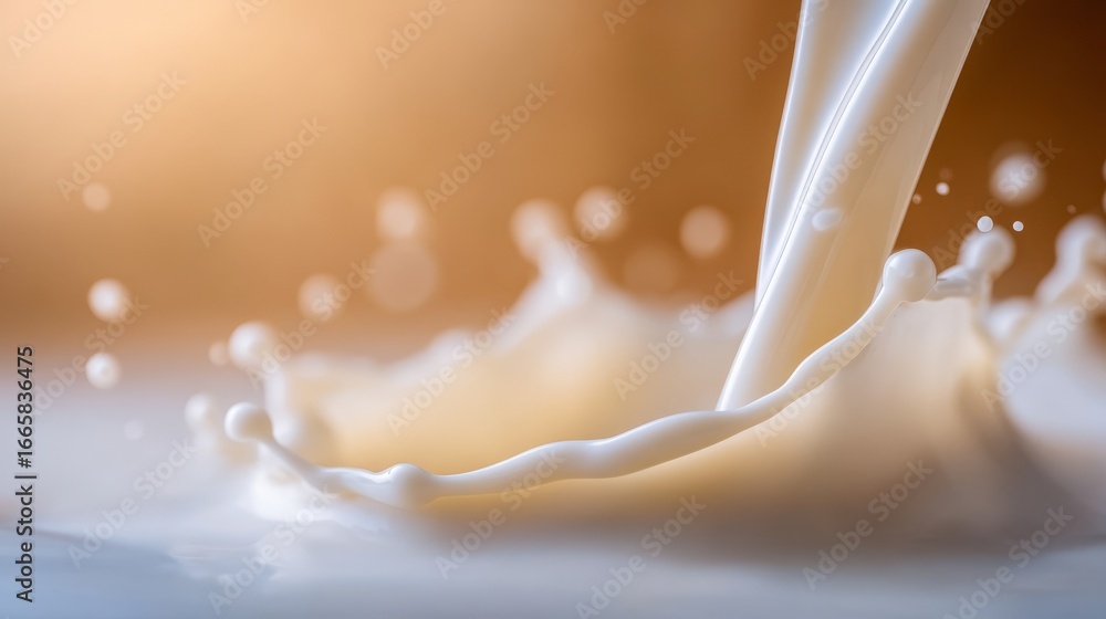 Poster dynamic close up capture of pure white milk splashing dramatically into a clear glass creating elega