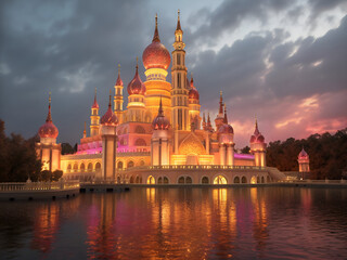 Obraz premium Ornate ethereal fantasy palace with glowing crystal domes and towers reflecting in water image