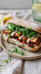 A ciabatta sandwich is filled with golden grilled tofu, fresh greens, and a creamy sauce. It is beautifully arranged on a rustic plate, ready for a delicious meal