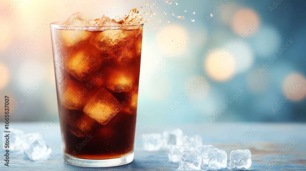 Poster a refreshing close up of a fizzy dark soda drink being poured into a tall glass filled with sparklin