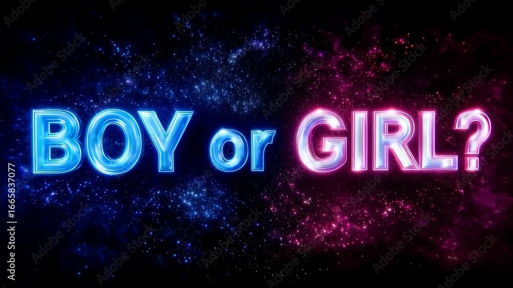 Poster illuminated neon text questioning gender against a cosmic starry background.seamless animation loop 
