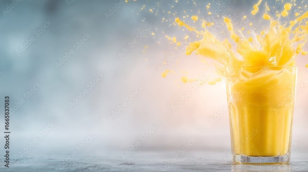 Poster a tall clear drinking glass filled with freshly squeezed orange juice with a dynamic and energetic s