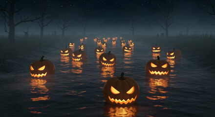 Glowing jackolanterns on water at night, perfect for halloween designs, spooky invitations, or festive holiday graphics with a fun twist.