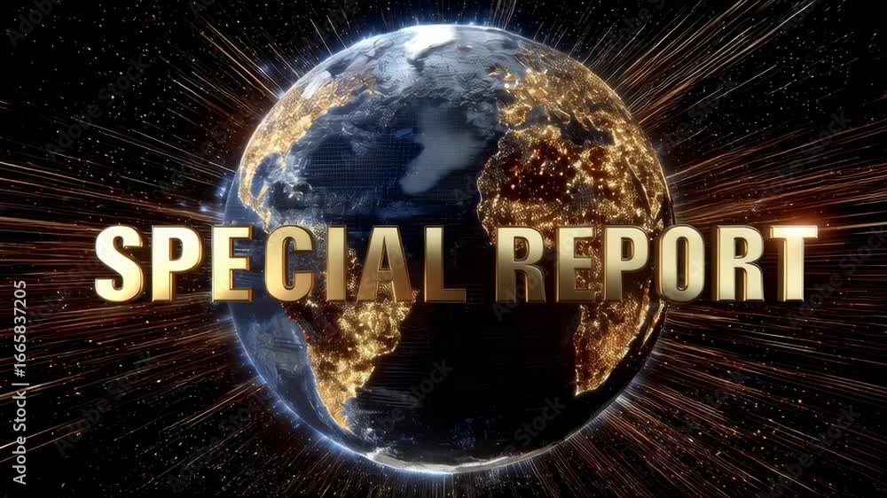 Aufkleber global globe with illuminated lights and special report text in a dynamic motion background.seamless