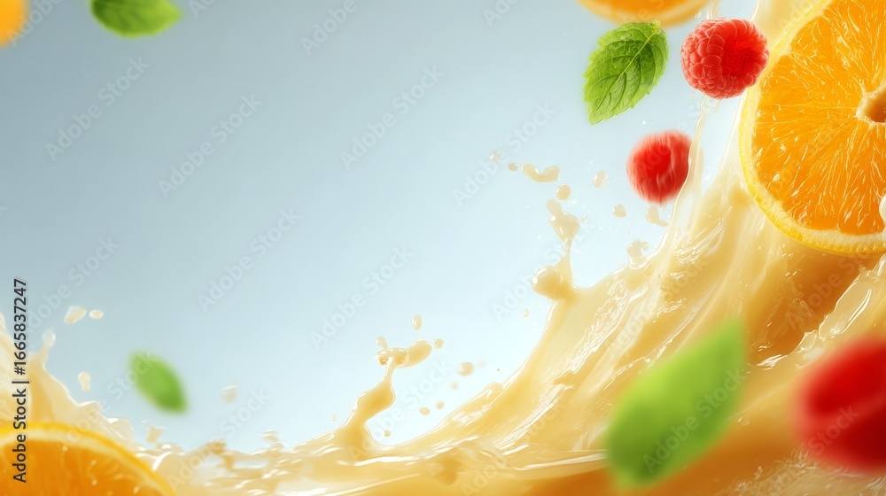 Poster a stunning slow motion capture of vibrant citrus oranges and succulent raspberries descending into p