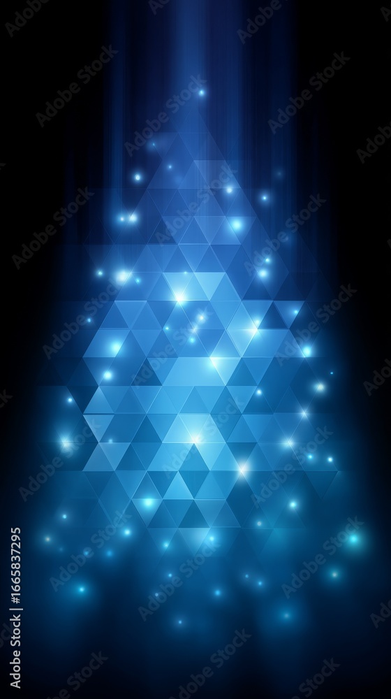 Poster futuristic abstract blue background with glowing neon triangles and sparkling light effects a modern