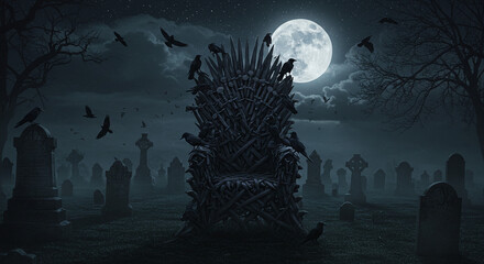 Iron throne in graveyard at night with moon, crows, fog. Suitable for fantasy book cover or halloweenthemed designs.