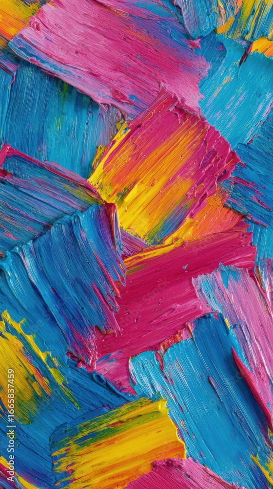 Poster vibrant abstract painting with bold colors and textured brush strokes in a dynamic composition