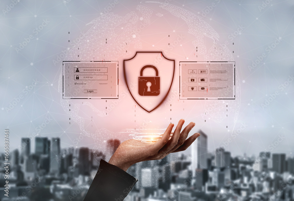 Poster cyber security protects against breaches, hacks, and network attacks using strong infrastructure and