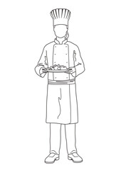 A Chef Holding A Plate Of Food Ready To Serve. Vector Monochrome Line Drawing Illustration Isolated On A White Background.