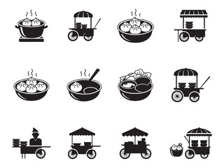 A set of simple, black and white icons showcasing various aspects of street food dumpling carts.